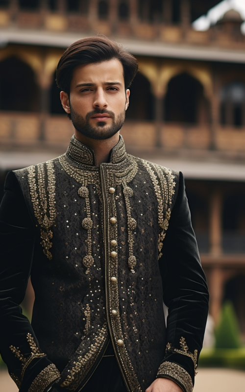 Elegant Groom in Embroidered Black Sherwani Tuxedo Wedding Reception Groomswear