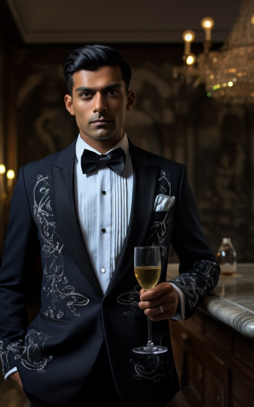 Groom in Black Gold Embroidered Sherwani Tuxedo with Bride Evening Royal Groomswear